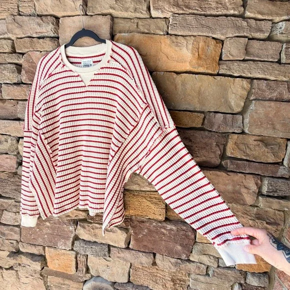 American Eagle M Lived-In Waffle Knit Striped Oversized Sweater Coastal Casual - Picture 6 of 14
